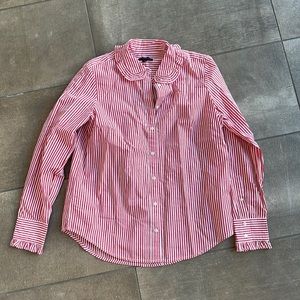 J Crew EUC red striped ruffle poplin button up